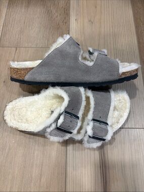 Birkenstock Arizona Shearling Suede Leather Stone Coin 38 Medium Narrow 7/7.5